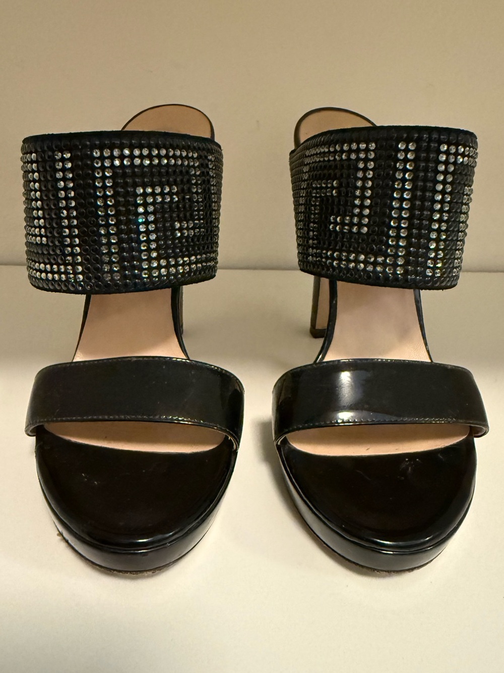 Versace Black Crystal-Embellished High Heel Slide Sandals